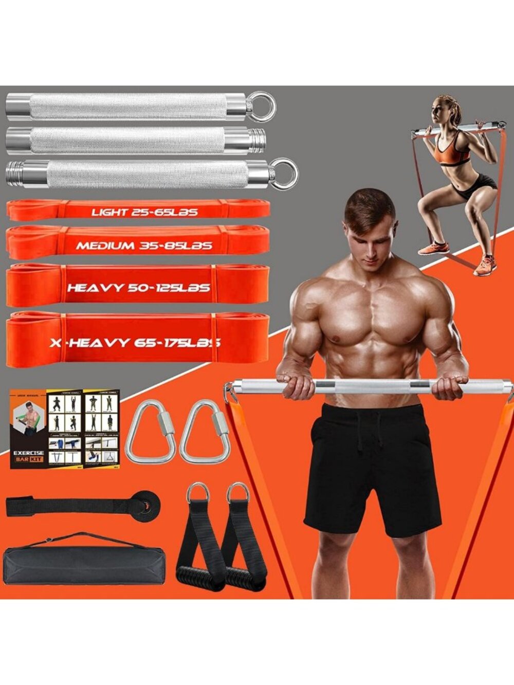 Full Body Resistance Band Set - 500LB, Adjustable Bar & Stackable Bands for Home